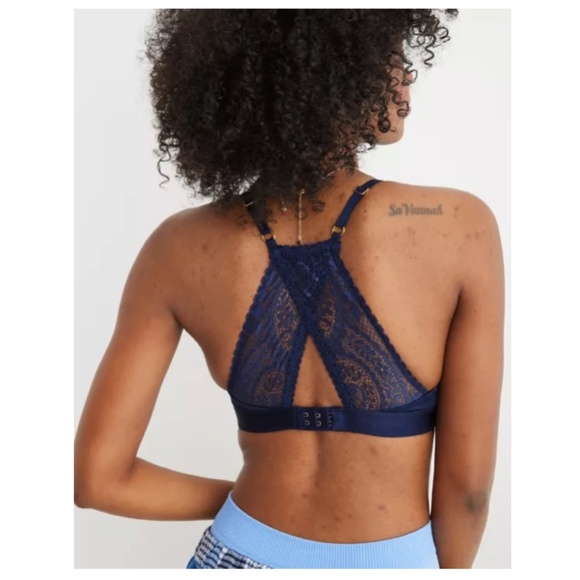 AERIE Wireless Lace Paisley Overlay Bra Navy Size 32A - Picture 2 of 11